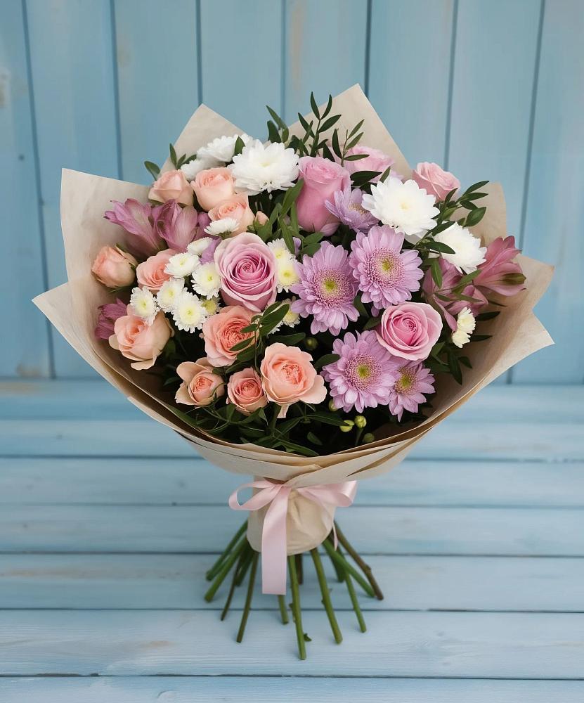 Букет цветов из: Хризантемы, Розы и Альстромерии в Трехгорку