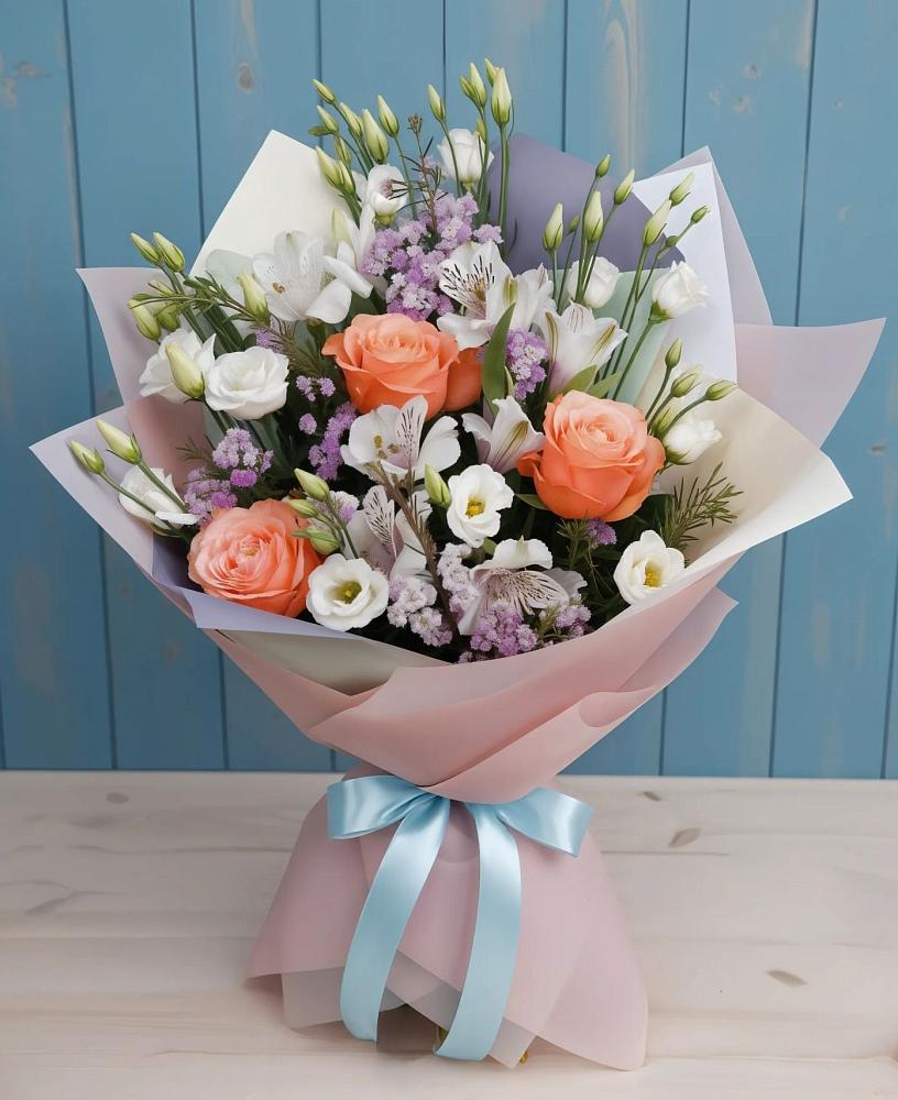 Букет цветов из: Лизиантусы, Розы, Альстромерии и Гипсофила в Трехгорку