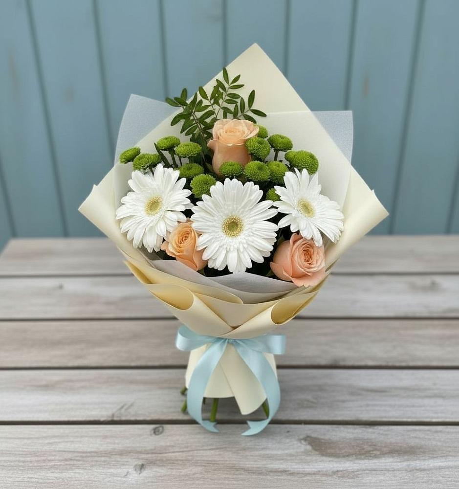 Букет цветов из: Герберы, Розы и Хризантемы в Трехгорку