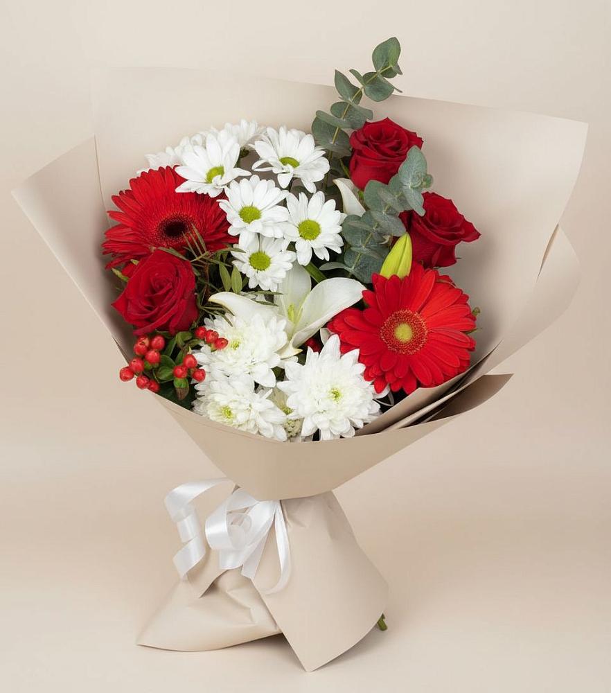 Букет цветов из: Розы, Хризантемы, Герберы и Лилии в Трехгорку