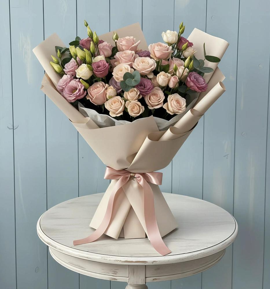 Букет цветов из: Розы и Лизиантусы в Трехгорку