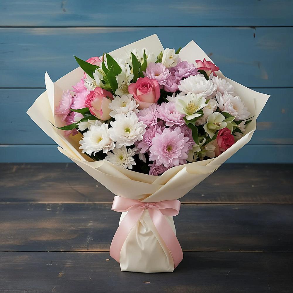 Букет цветов из: Хризантемы, Альстромерии и Розы в Трехгорку